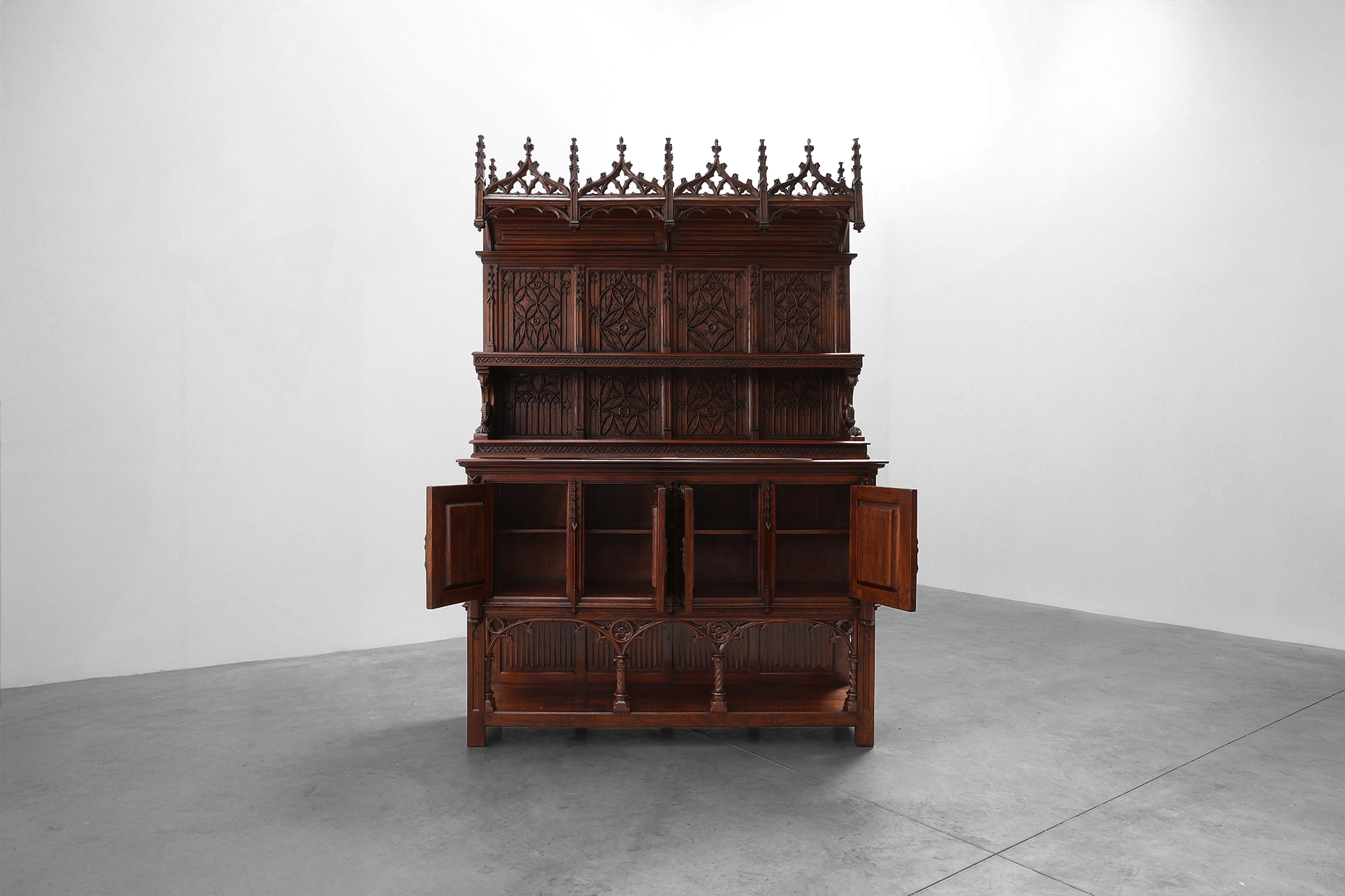 Rare large early 19th century hand carved Neo-Gothic cupboard in oakthumbnail